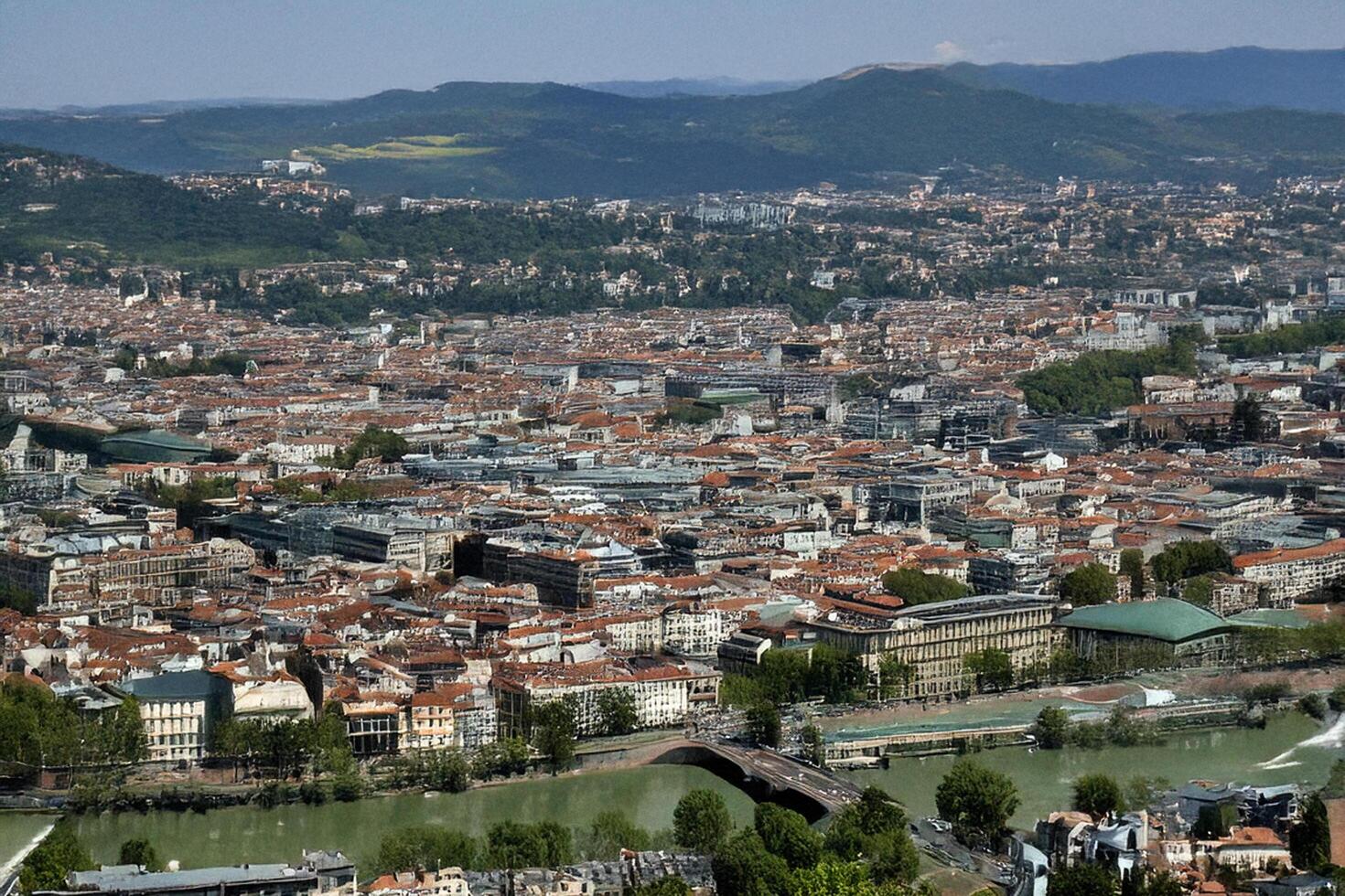 Aerial view Cityscape, river, mountains, summer photo