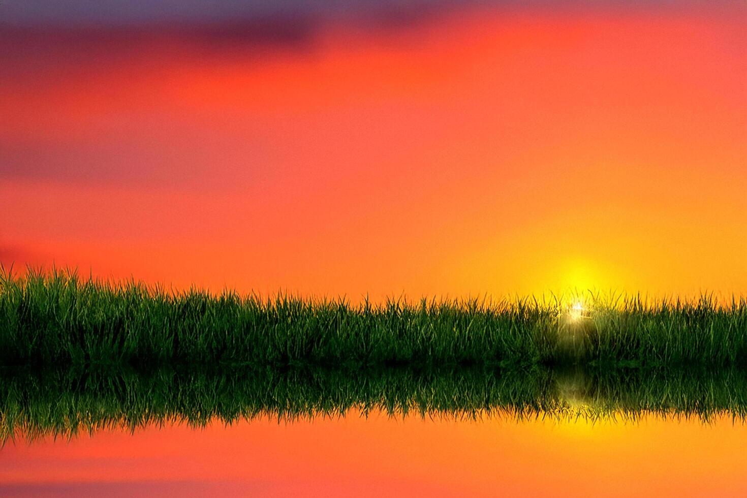 Sunset over tranquil lake, grass reflection, peaceful scene photo