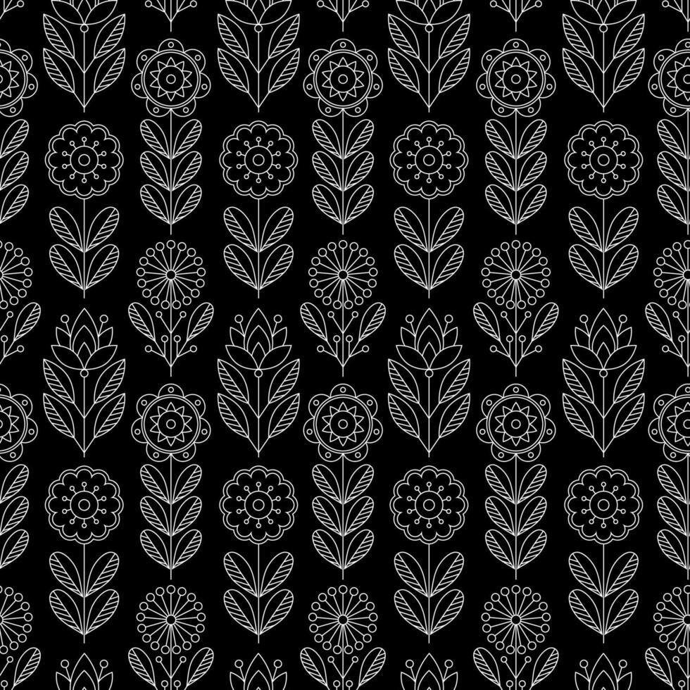 Seamless pattern with flowers in line art style on black background. vector
