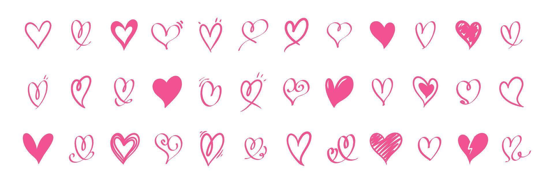 Set of various pink heart in hand drawn style vector