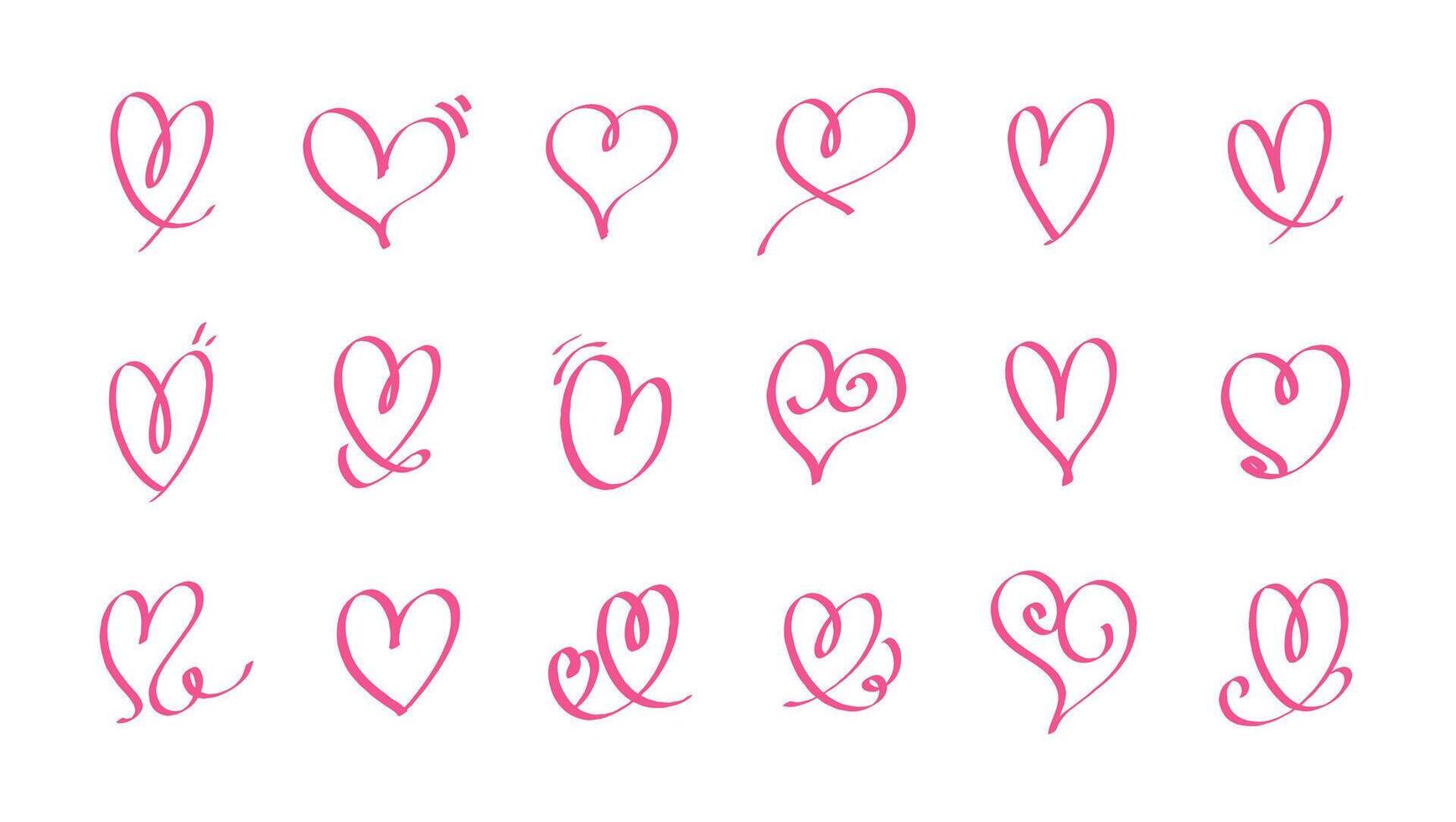 Set of various pink heart illustrations in hand drawn style vector