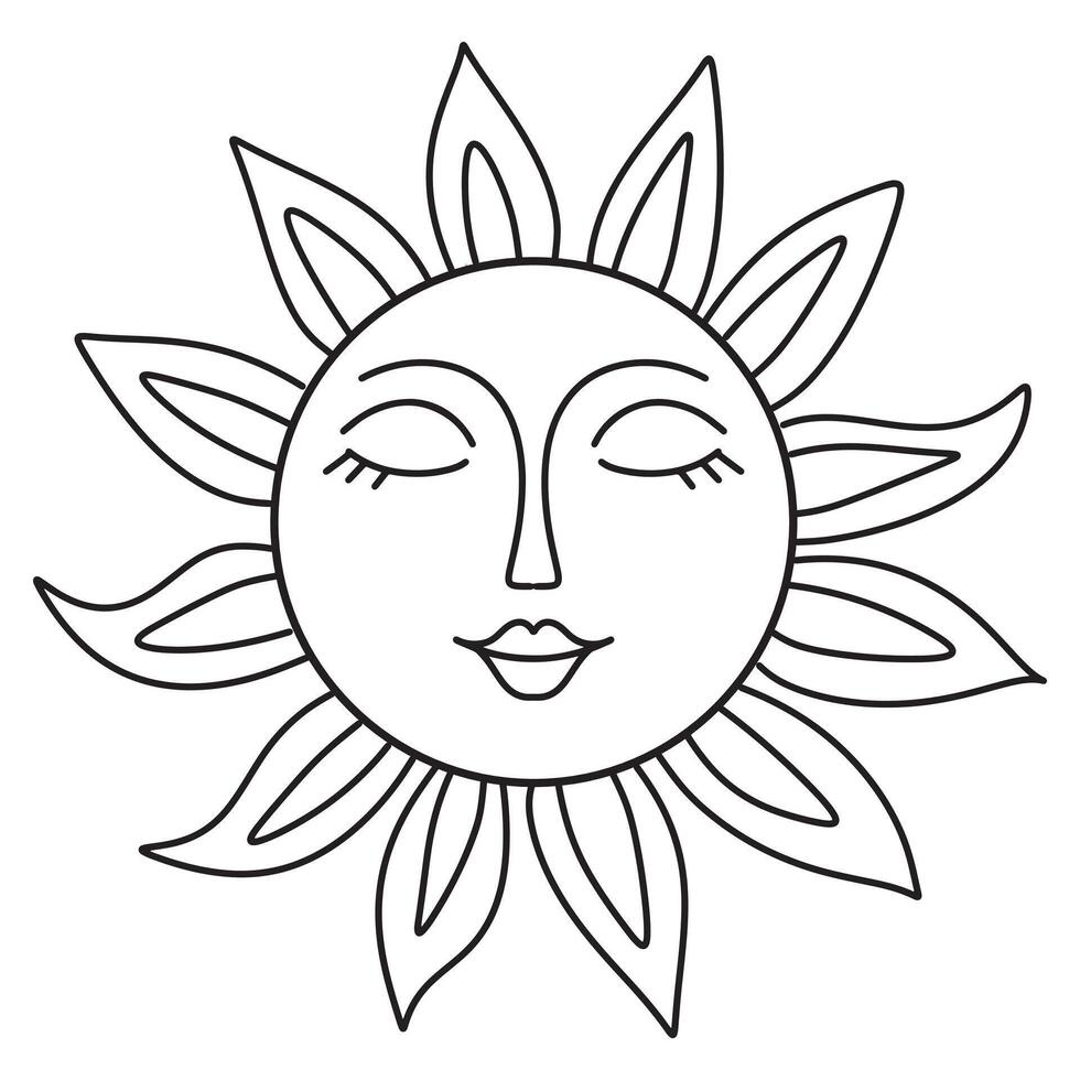 Line art illustration of Slavic Folk Sun with Face. Simple doodle hand drawn icon isolated. Maslenitsa clip art vector