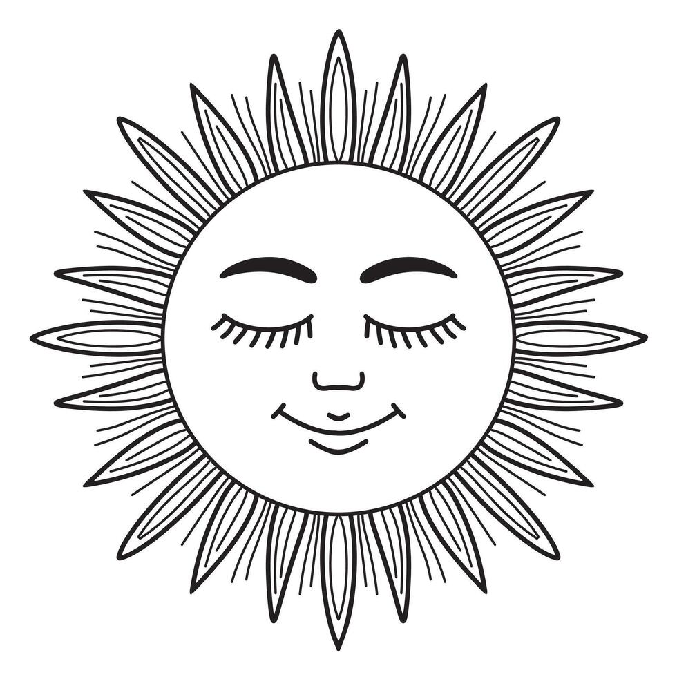 Vintage slavic sun with face icon, medieval boho style drawing. Maslenitsa russian holiday symbol. line art contour illustration isolated on white background vector