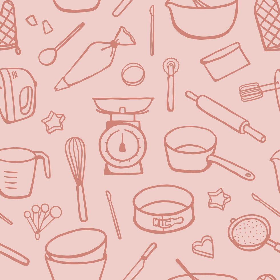 Hand drawn baking tools seamless pattern. Different kitchenware monochrome design for textile, cover, wrapping paper vector