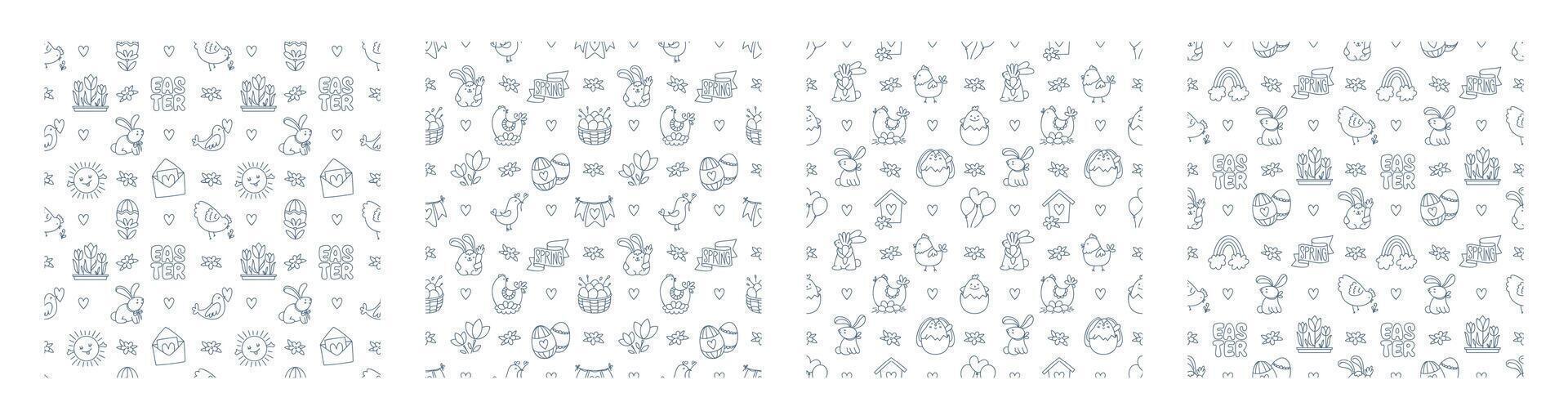 Easter hand drawn doodle seamless pattern. Cute black and white spring symbols chickens, rabbits, eggs and flowers vector