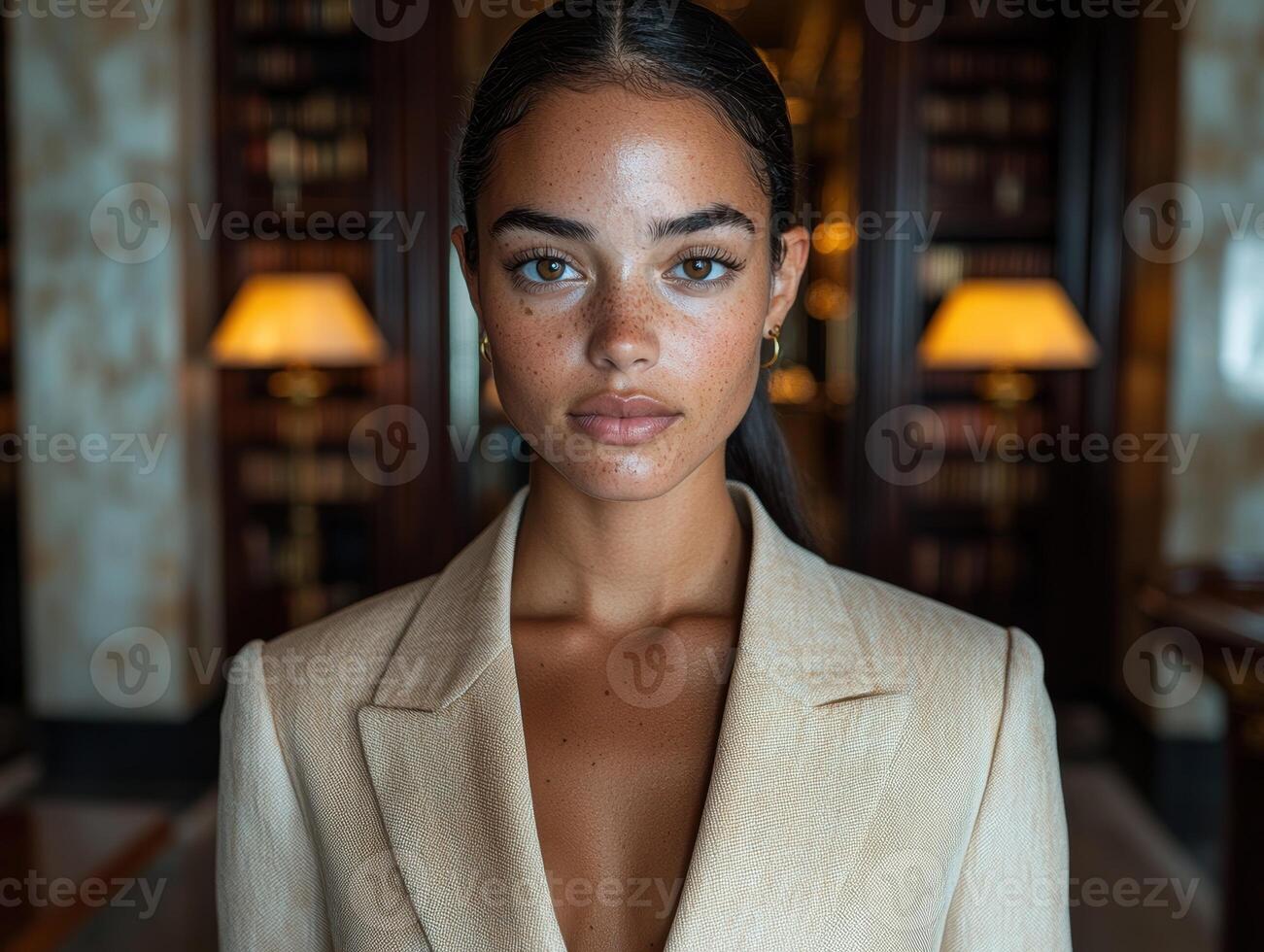 Confident young woman in beige blazer, portrait photo