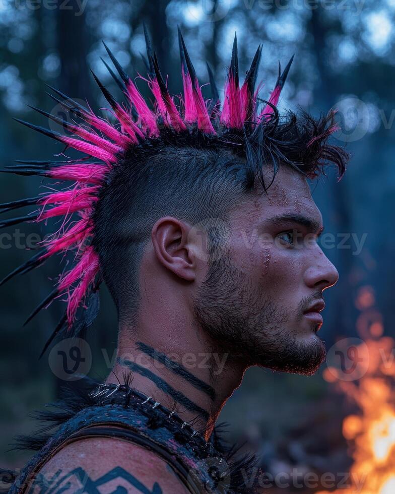 Profile of a young man with a mohawk hairstyle and tribal inspired makeup photo