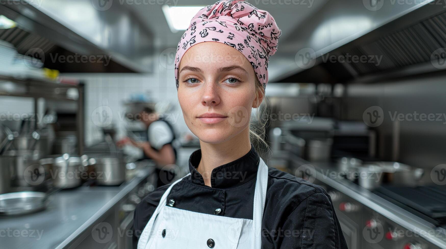 Portrait of a female chef in a restaurant kitchen photo