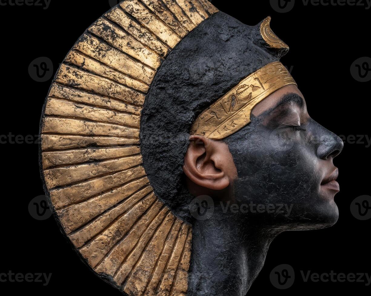 Close up profile view of a person wearing an ancient Egyptian style headdress and black face paint photo