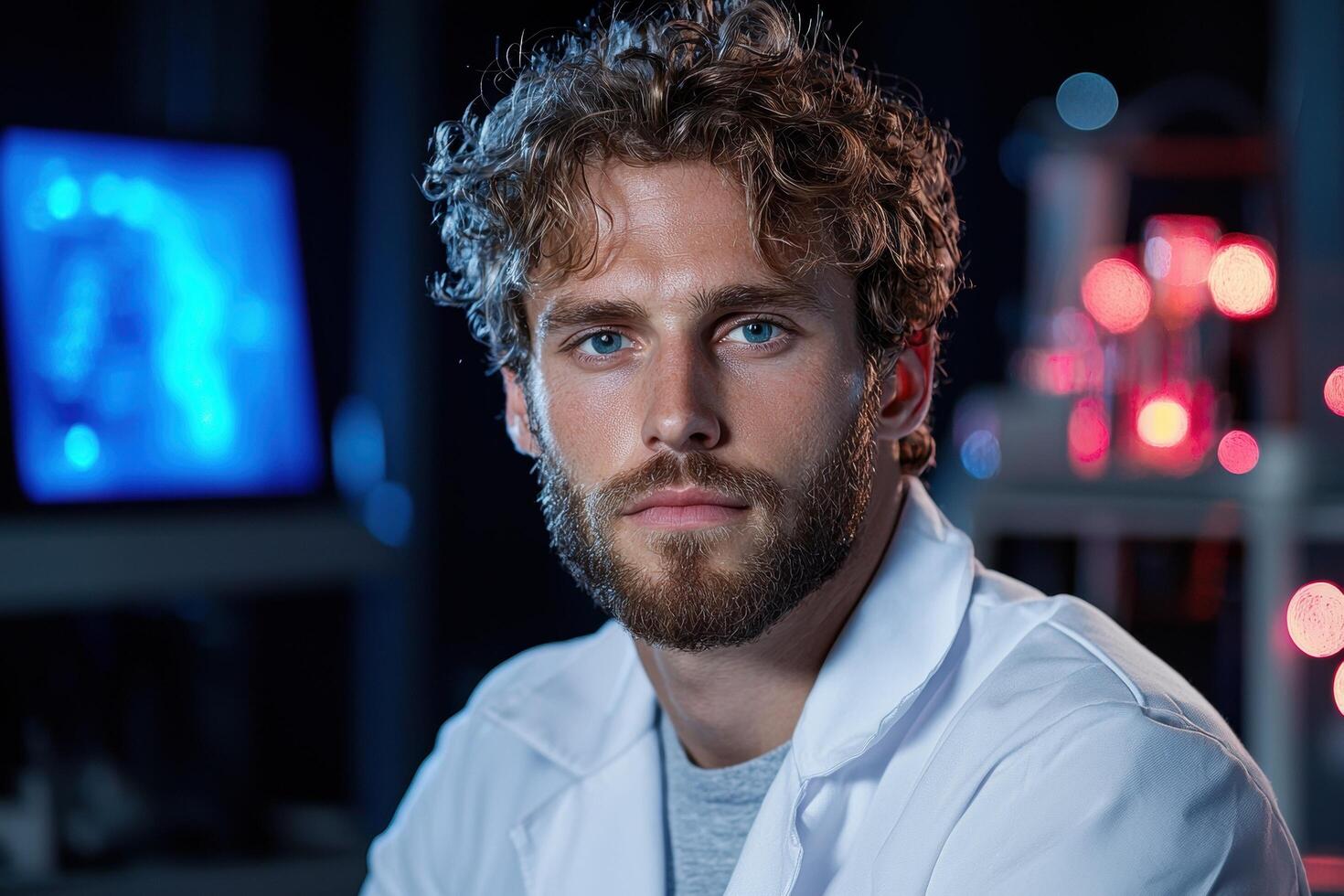 un retrato de un joven masculino científico en un blanco laboratorio abrigo. foto