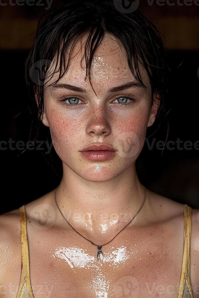 Close up portrait of a young woman with freckles and sweat on her face and chest photo