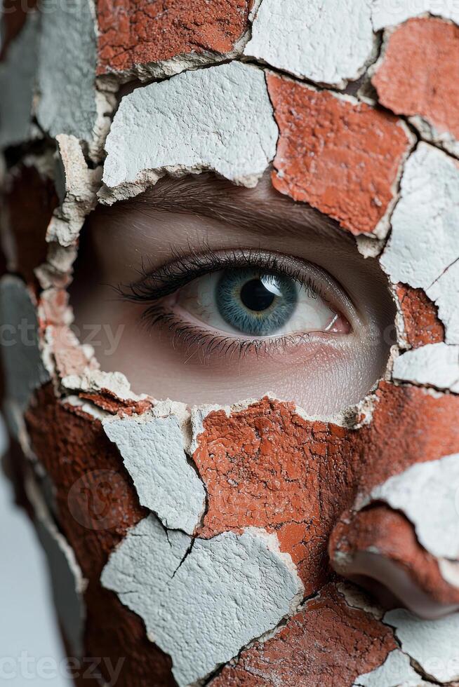 Close up of a womans eye peering through a cracked brick like mask photo