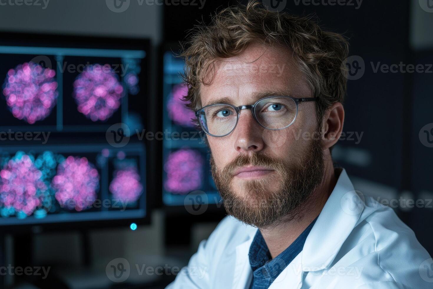 Scientist looking at data on computer screens photo