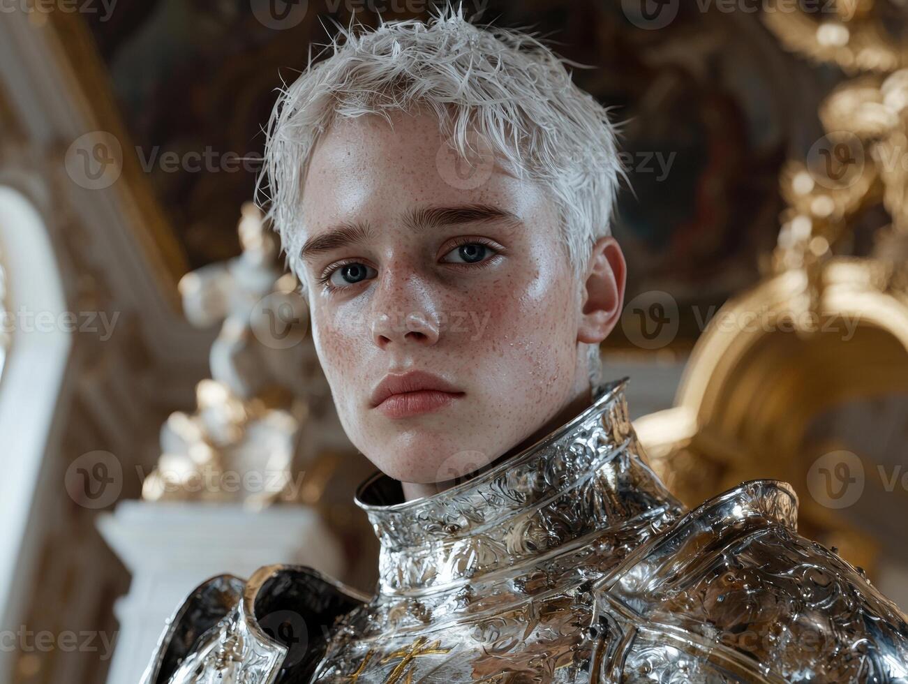 Young androgynous person in shining silver armor photo