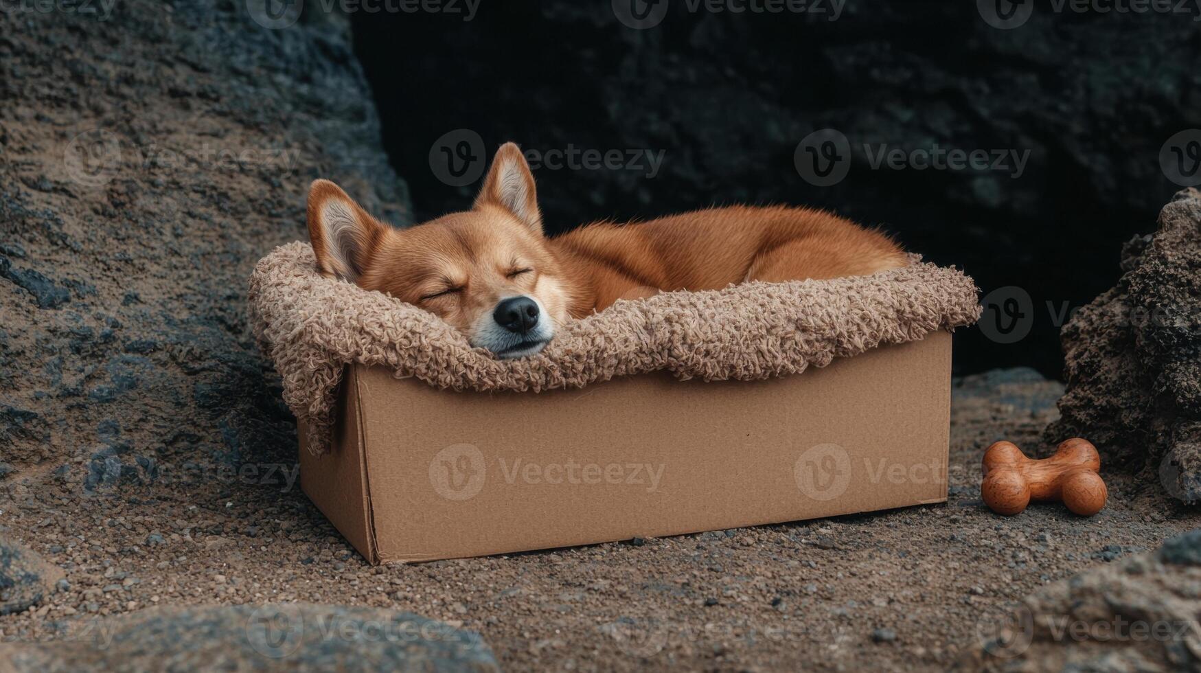 Adorable corgi puppy sleeping soundly in a cardboard box outdoors photo