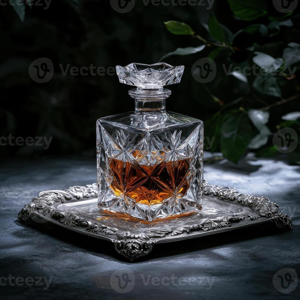Crystal decanter of amber liquid on silver tray photo
