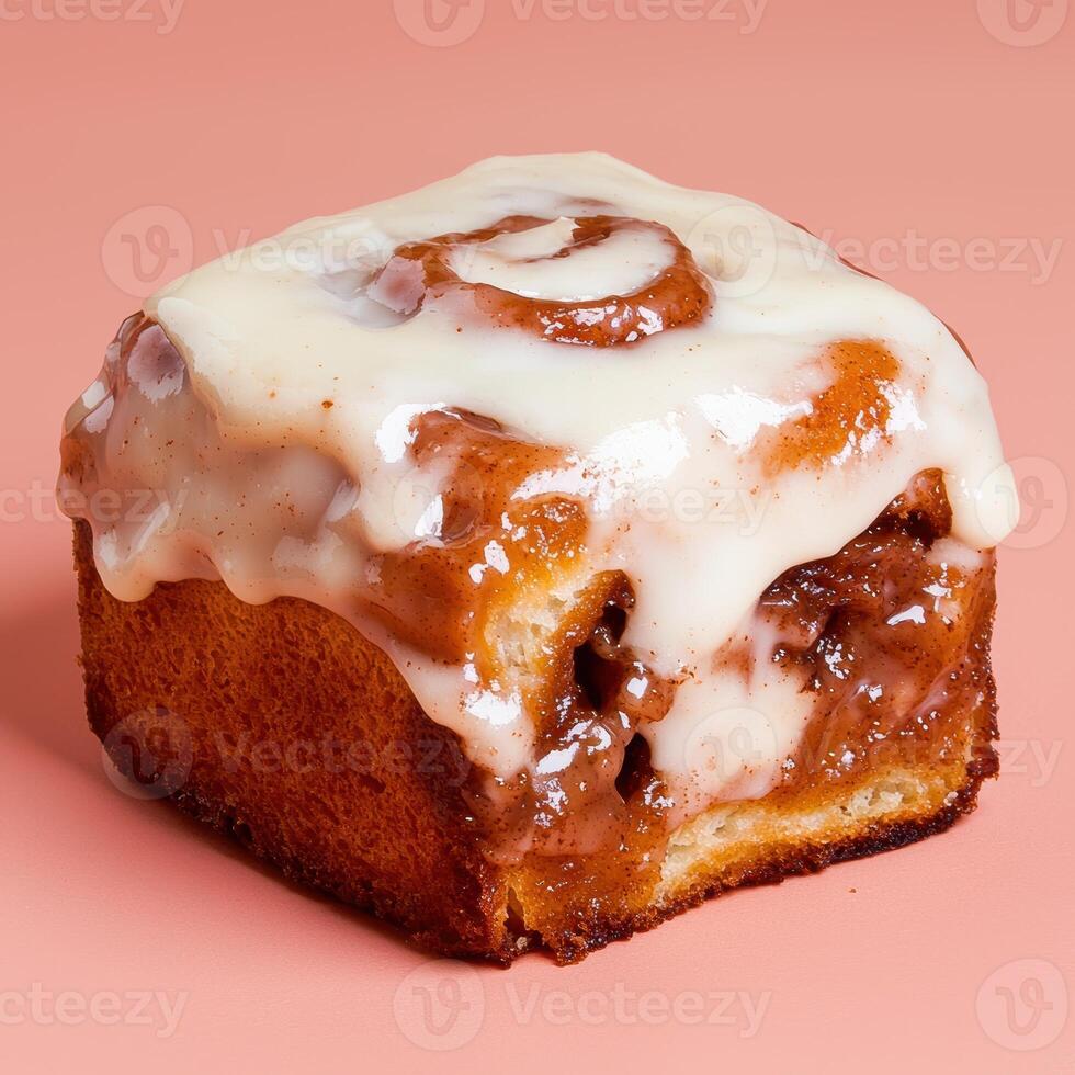 Close up of a delicious cinnamon roll with cream cheese frosting photo
