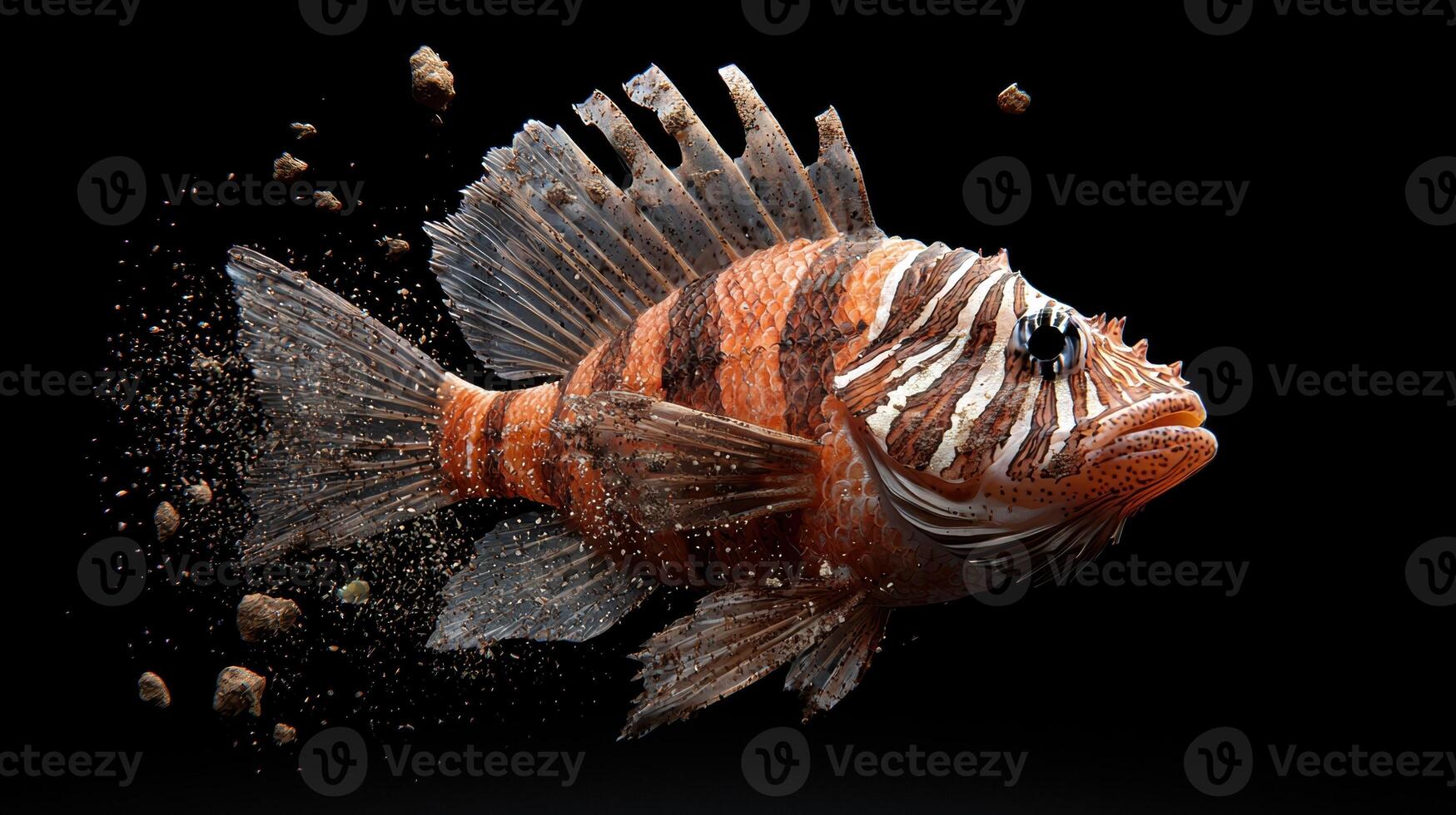Lionfish swimming in dark water, with particles swirling around it photo