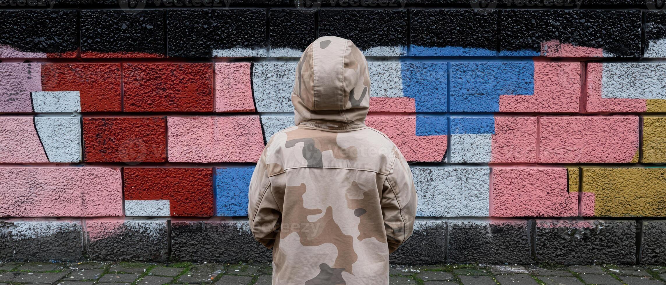 Child standing in front of a colorful graffiti wall photo