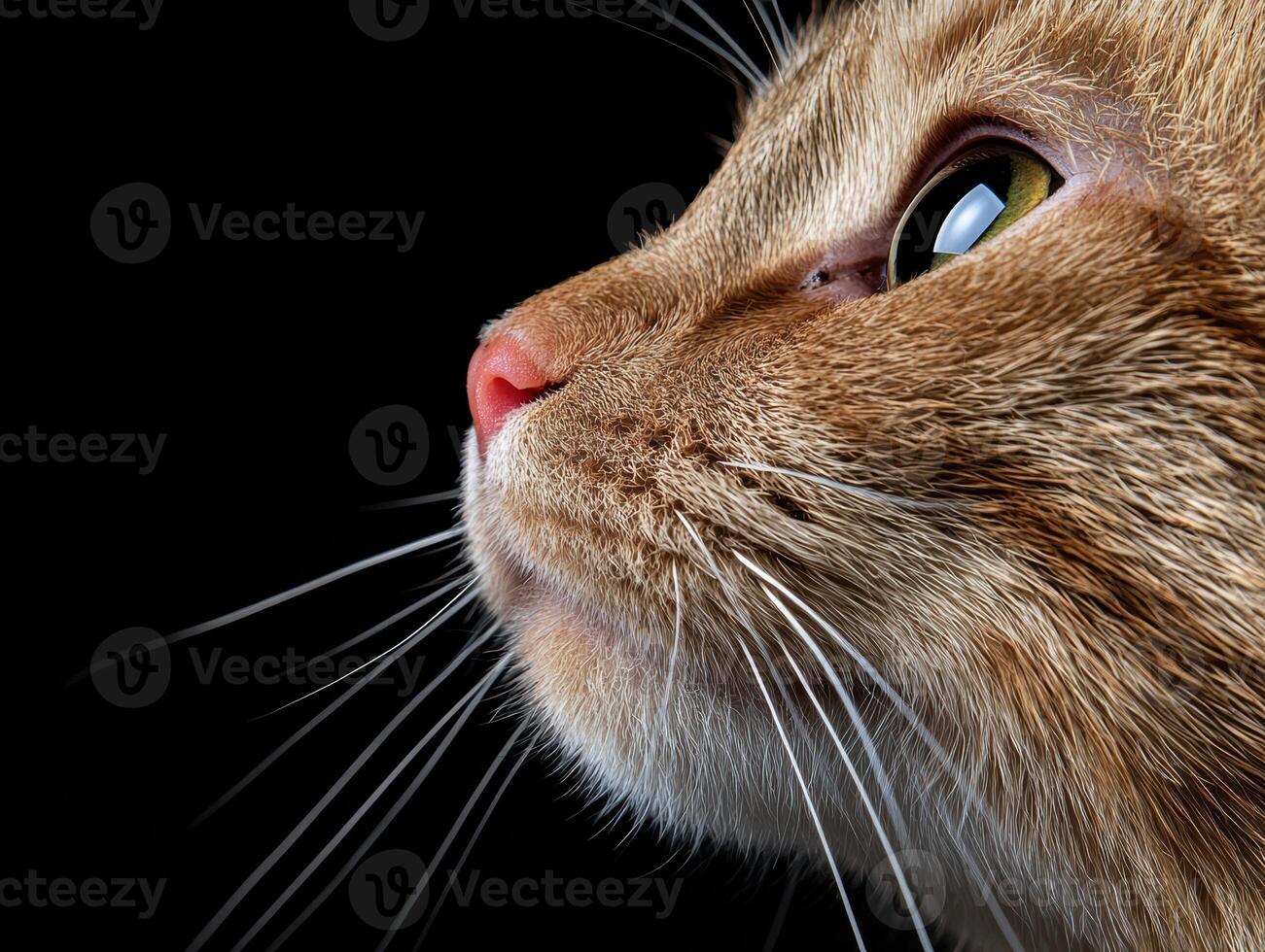 Close up profile of an orange tabby cats face, whiskers, and eyes against a black background photo