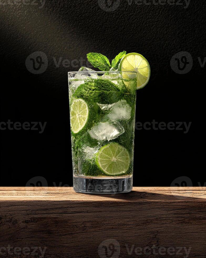 Refreshing Mojito Cocktail with Lime and Mint on Wooden Table photo