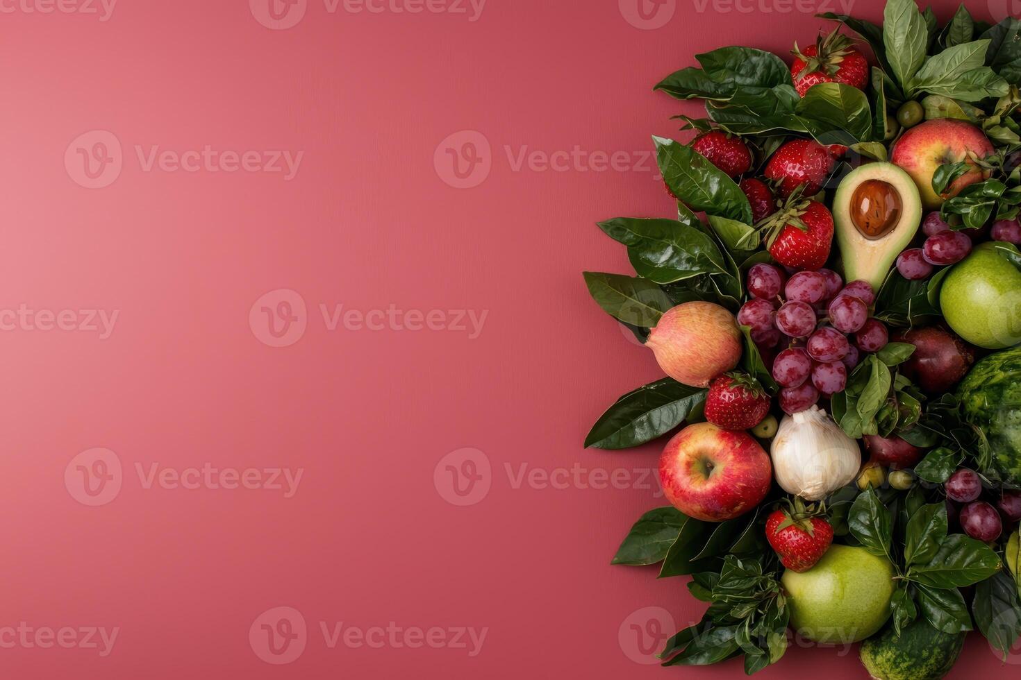 Fresh fruit and vegetables on red background photo