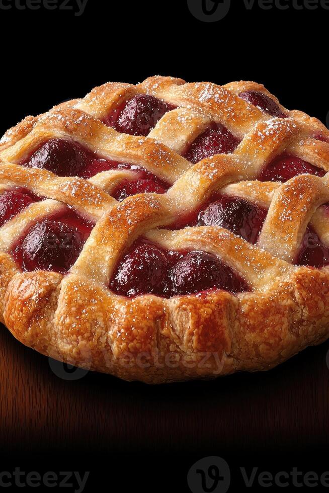 Delicious cherry pie with lattice crust, freshly baked and sprinkled with powdered sugar photo