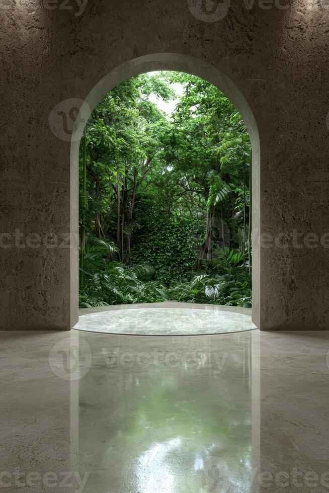 Archway leading to lush green jungle paradise photo