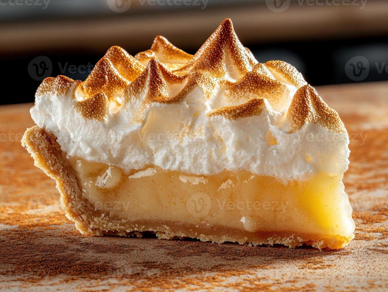 Close up of a slice of lemon meringue pie with a browned meringue topping photo