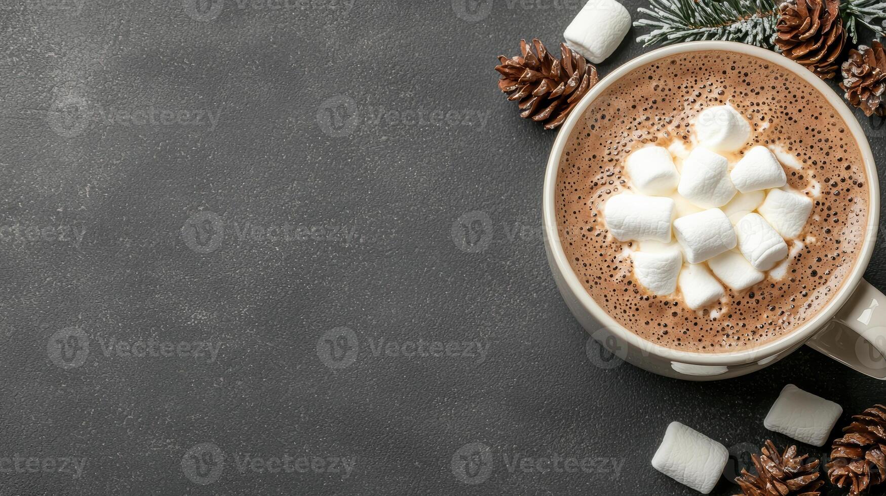 Cozy winter cocoa with marshmallows and pine cones photo