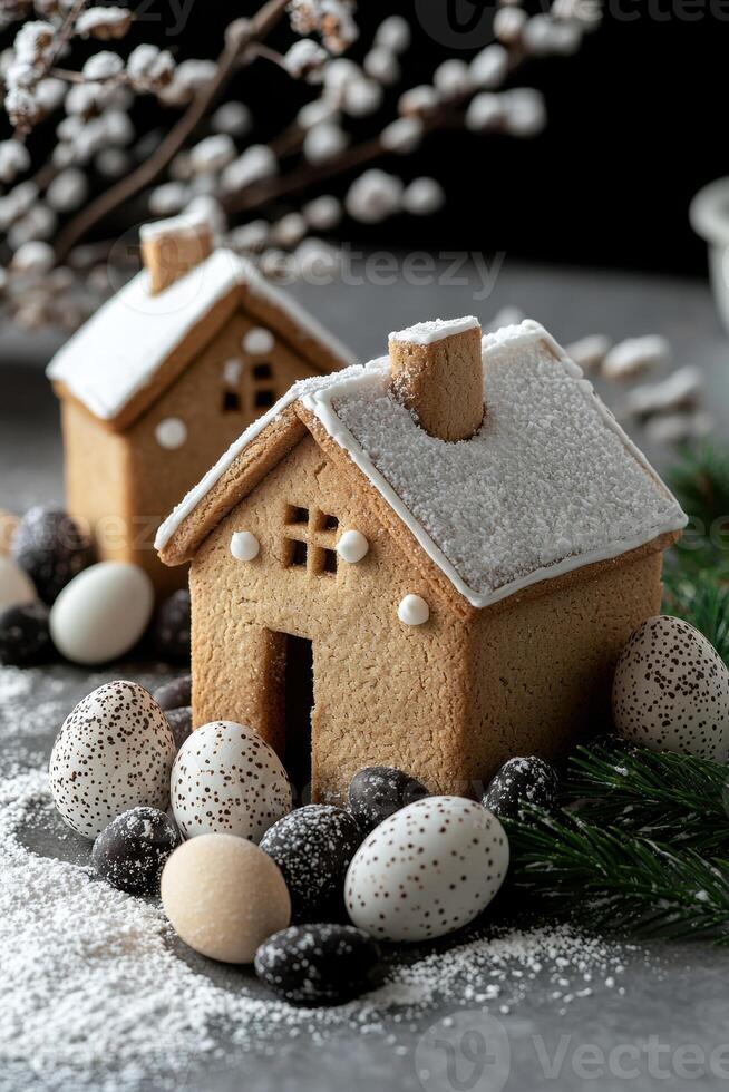 Gingerbread houses with chocolate eggs and snow photo