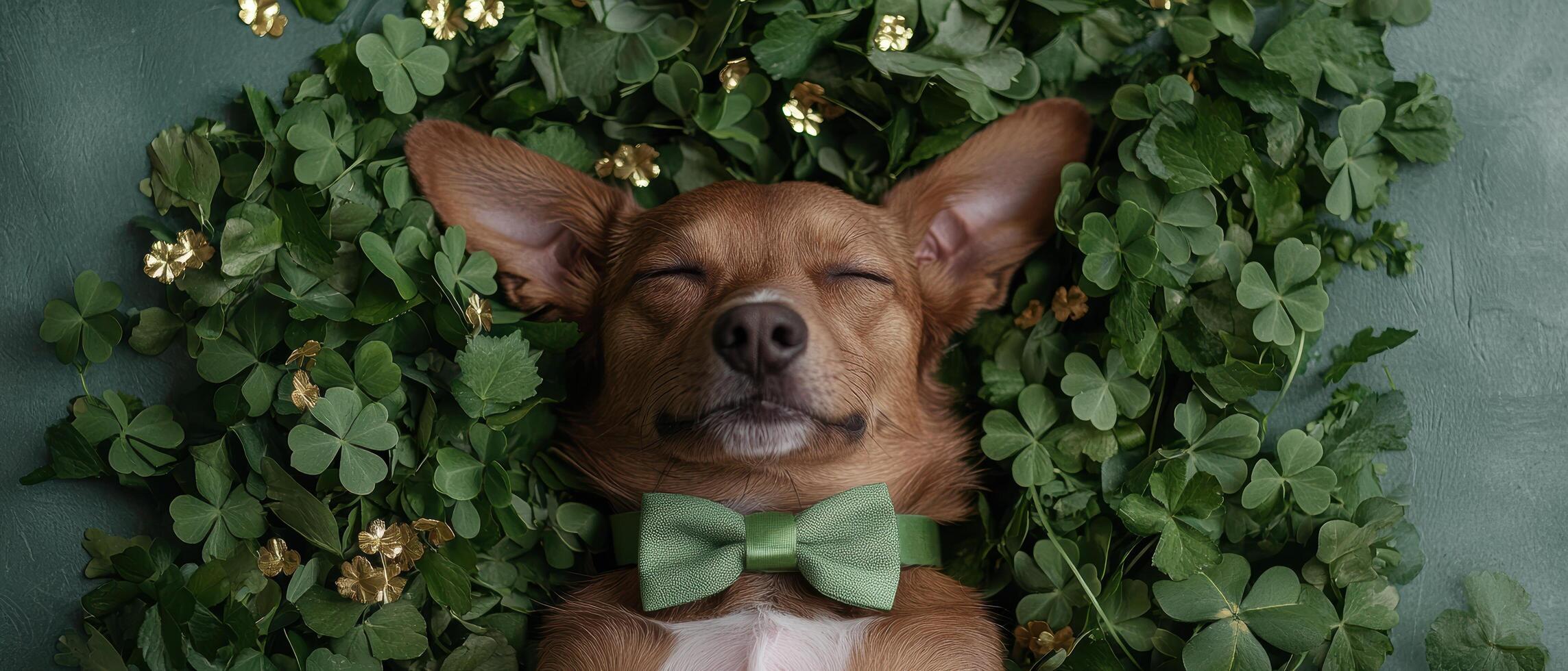 Adorable brown dog sleeping peacefully in a bed of green clovers photo