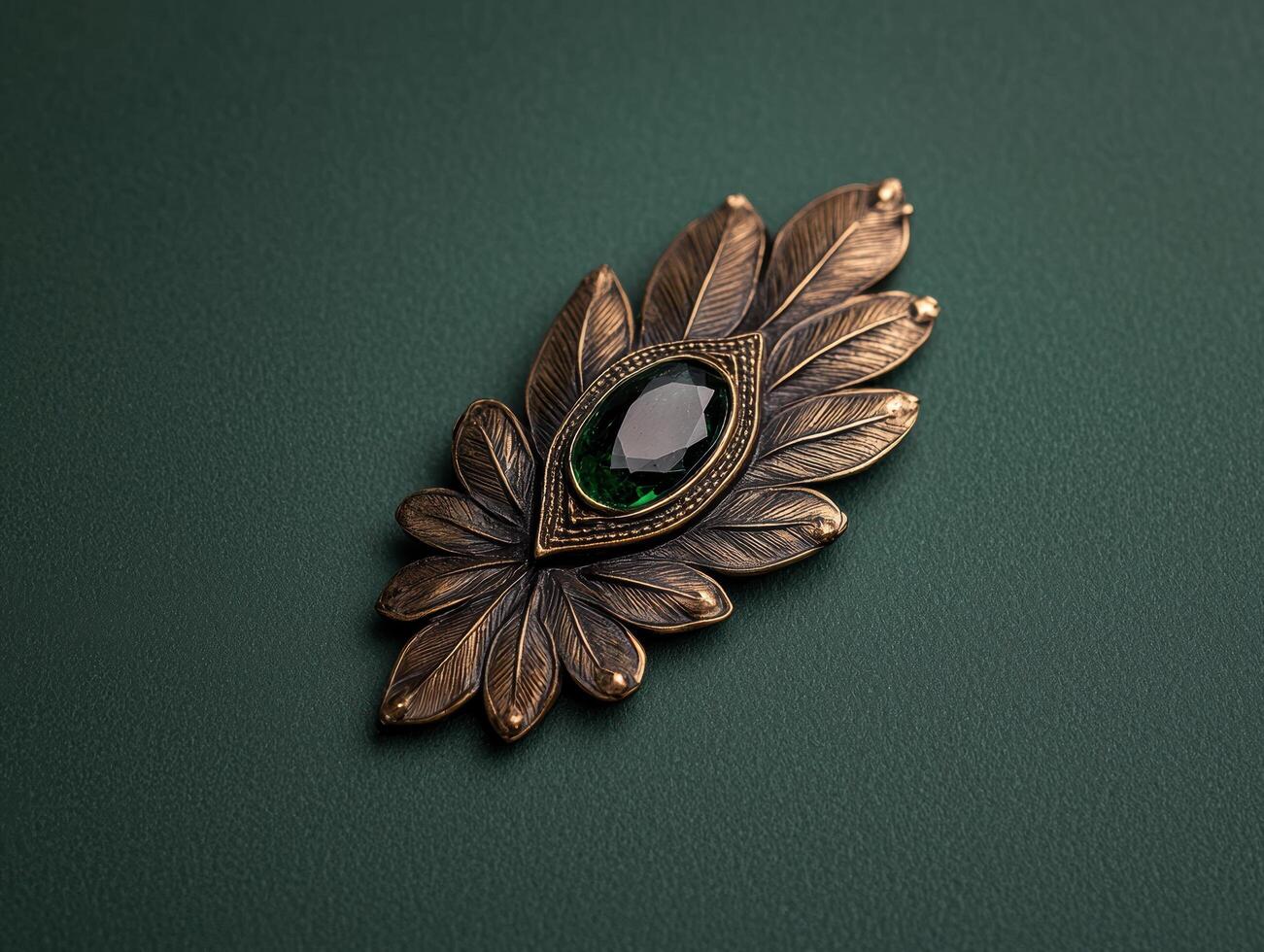 Elegant green gemstone bronze leaf brooch on dark green background photo