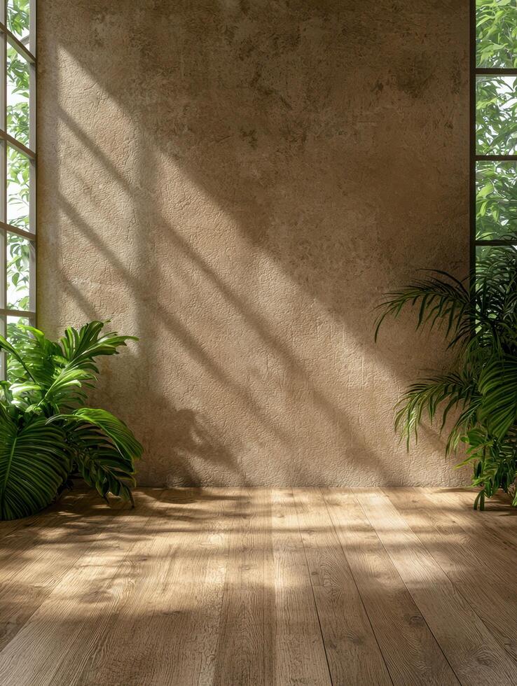 Empty room with wooden floor and plants, sunlit interior design background photo