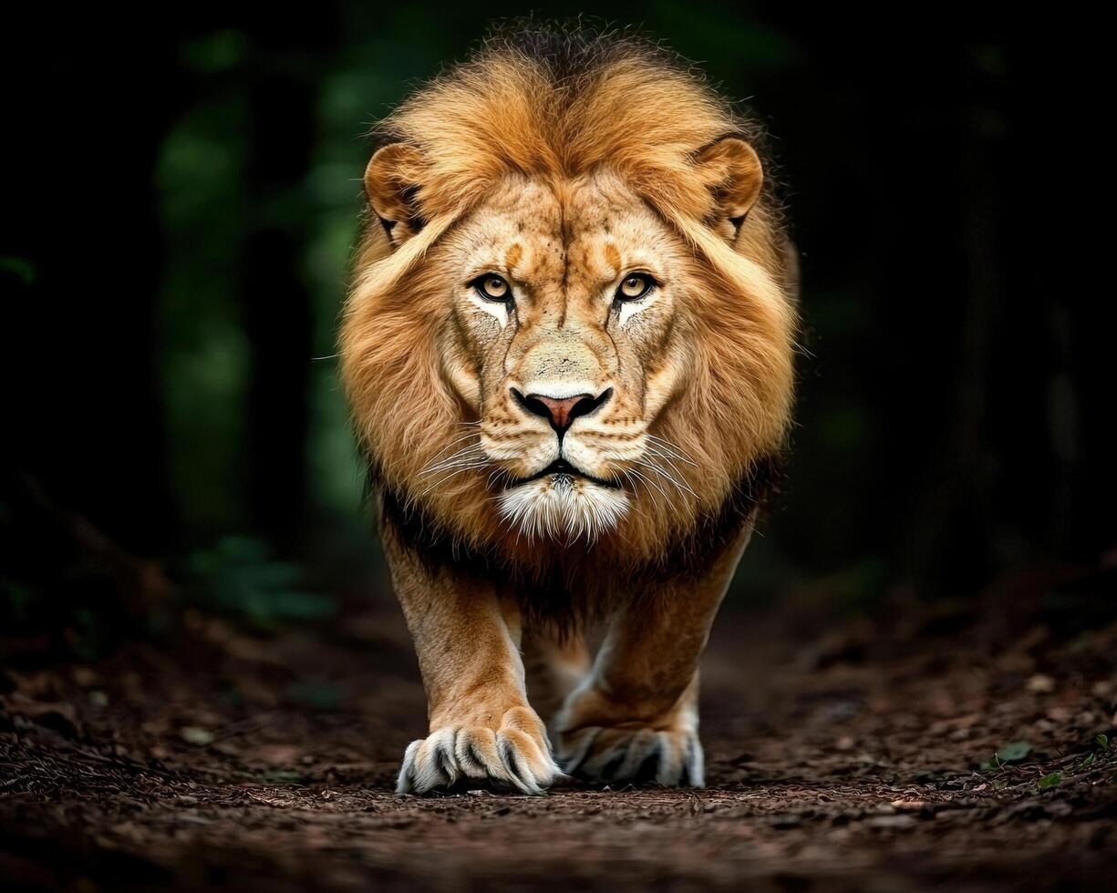 Majestic lion walking towards the camera in a dark forest photo