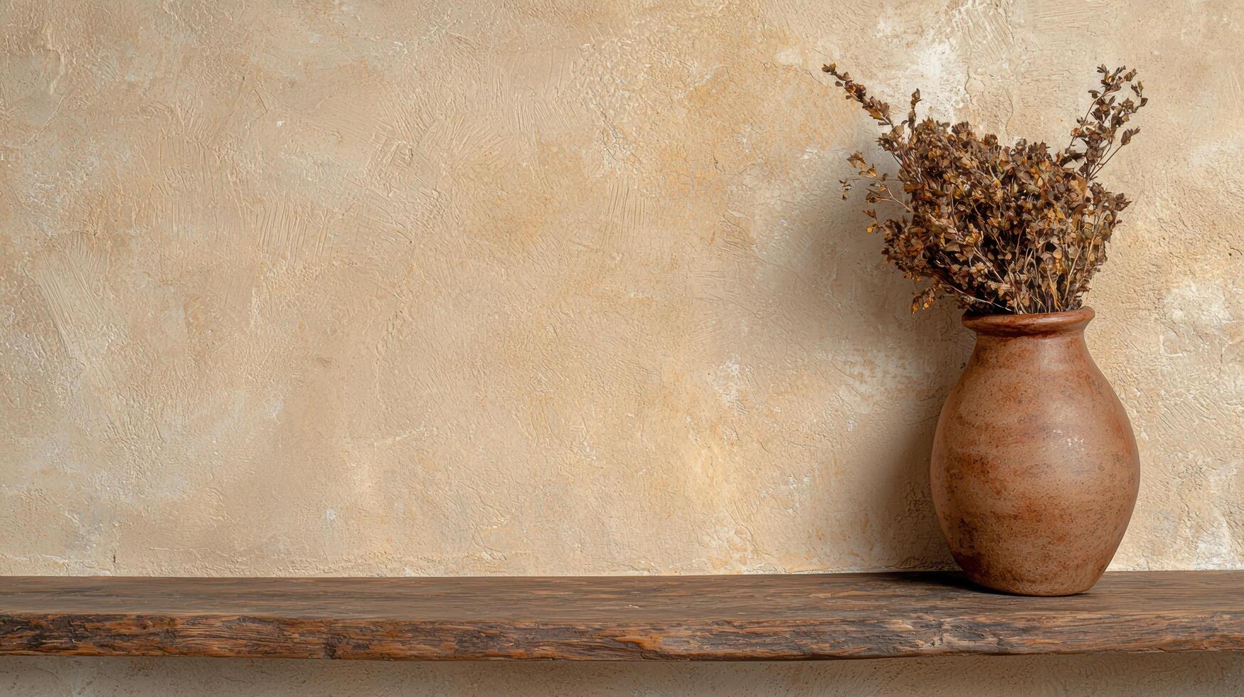 Dried flowers in a rustic vase on a wooden shelf against a textured wall photo