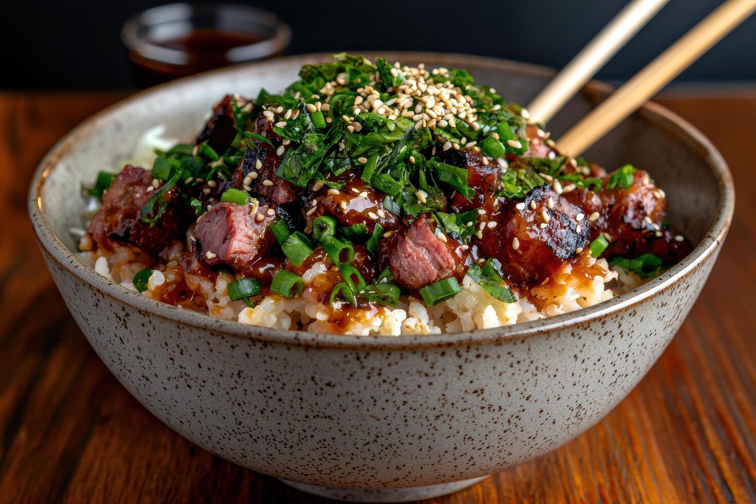 Delicious teriyaki beef bowl with sesame seeds and green onions photo