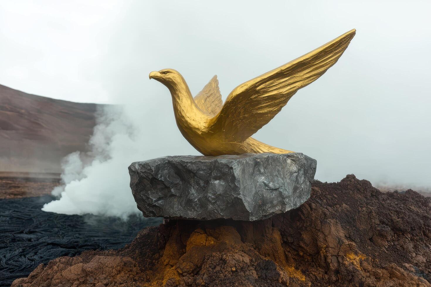Golden bird statue on volcanic rock, steam rising in background photo
