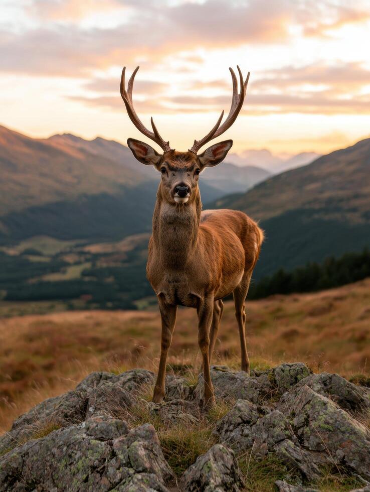Majestic red deer stag stands proudly on a rocky mountaintop at sunset photo