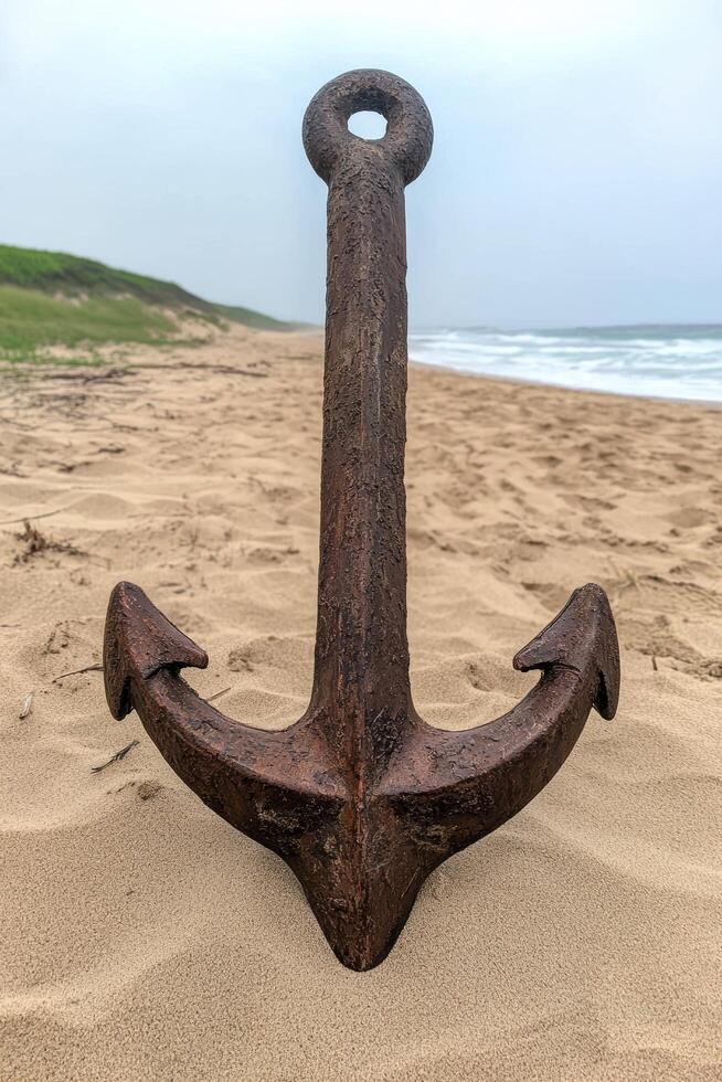 Rusty anchor on a sandy beach with ocean waves in the background photo