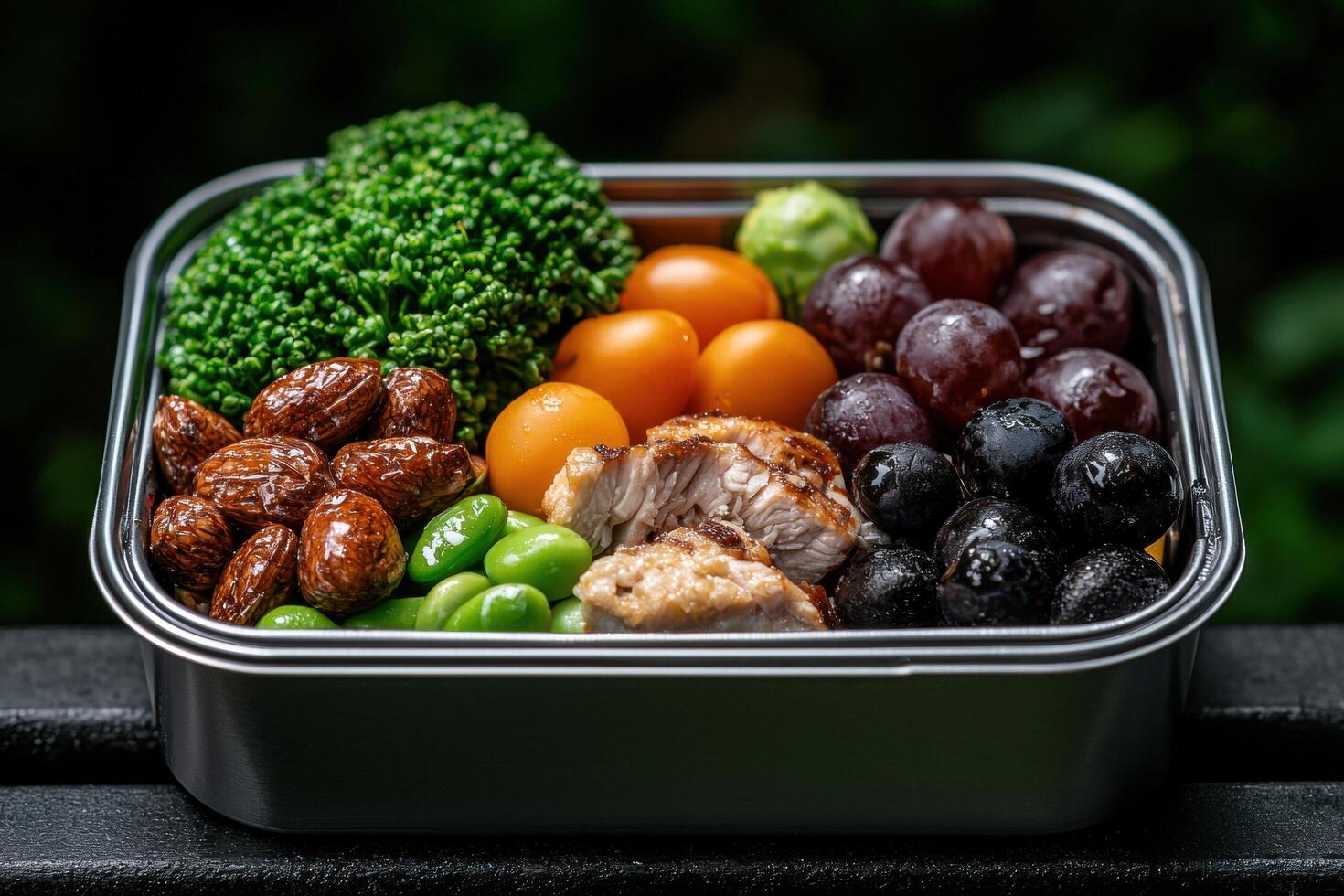 Healthy and delicious lunch box with grilled chicken, broccoli, almonds, grapes, and edamame photo