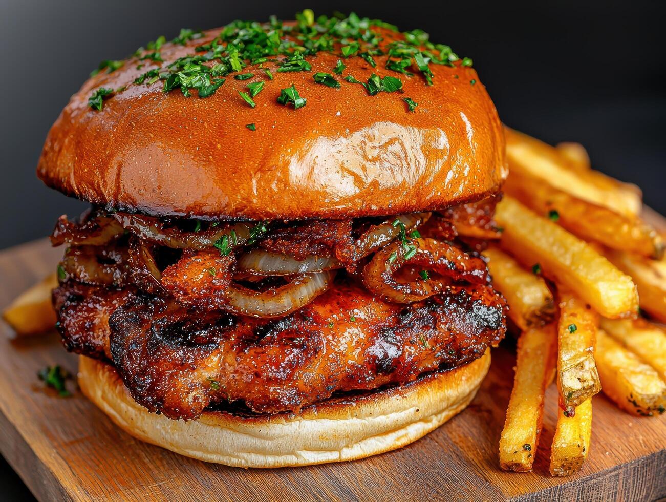 Juicy grilled burger with caramelized onions and crispy fries photo