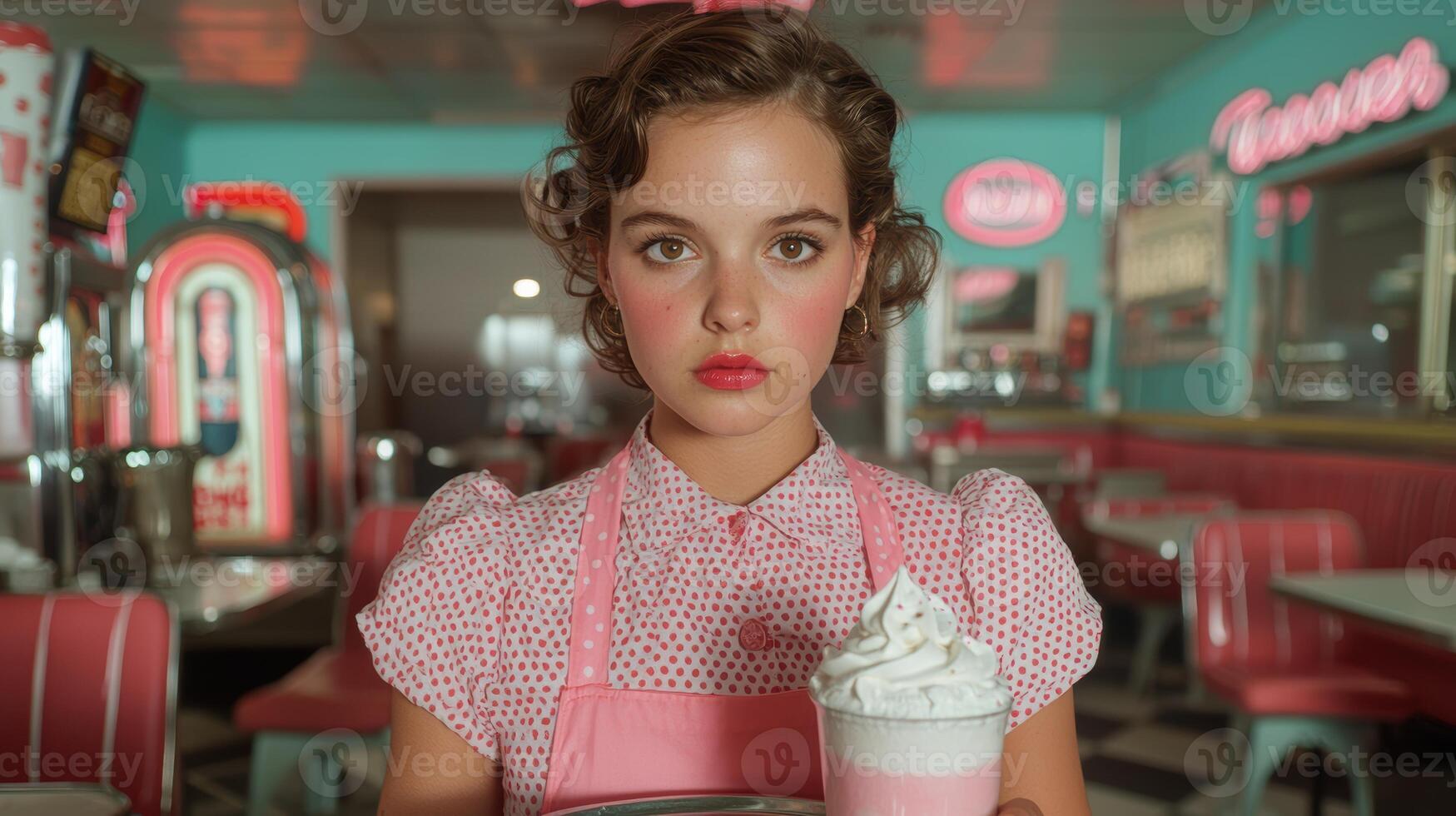 Smiling waitress in a retro diner holds a milkshake photo