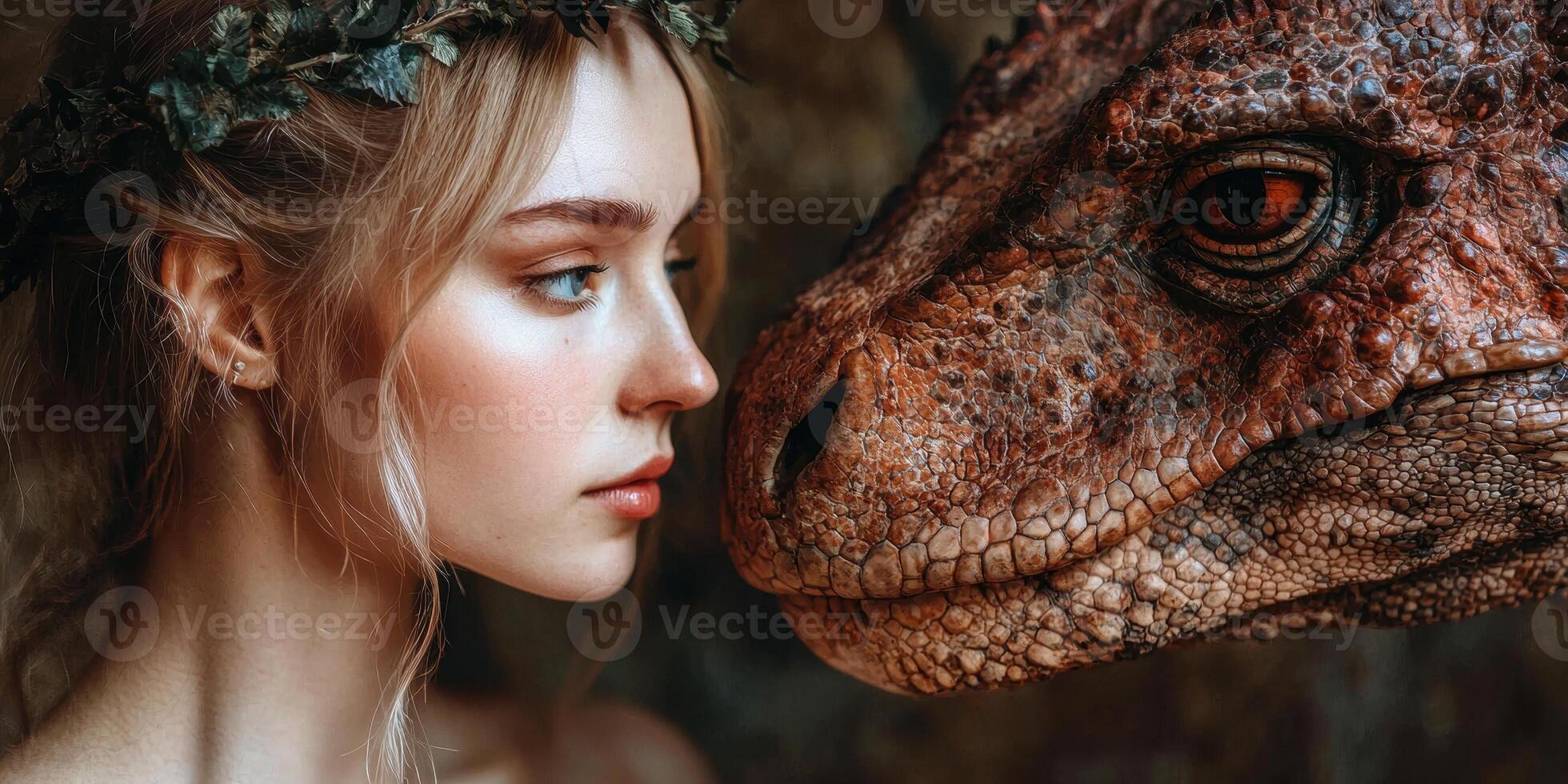 Close up of a woman and a dinosaur, fantasy portrait photo