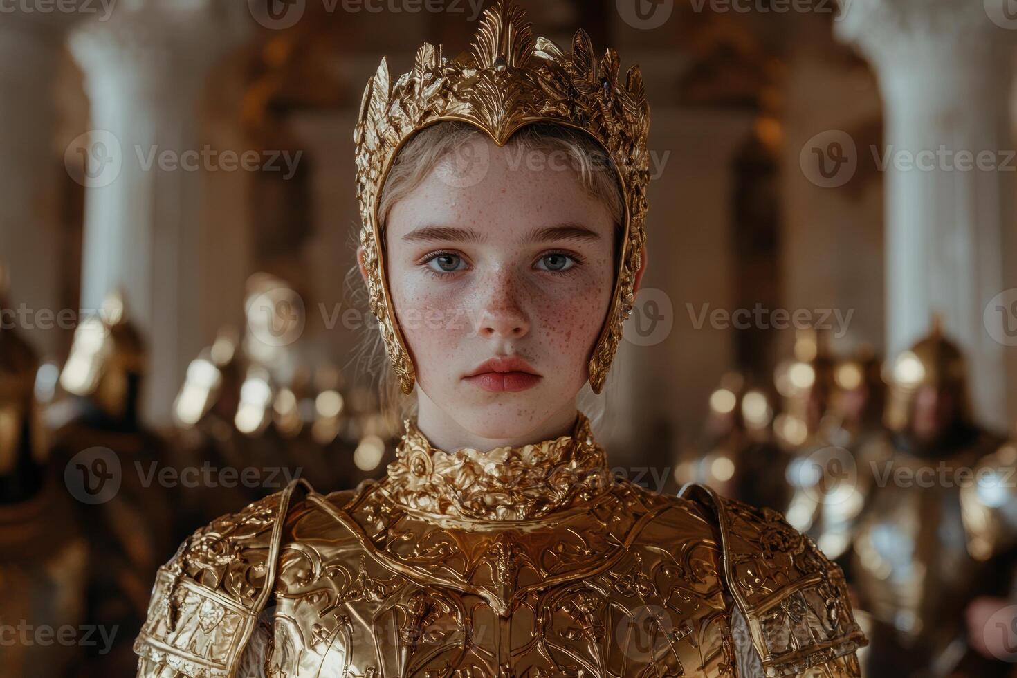 Young woman in golden armor and crown photo