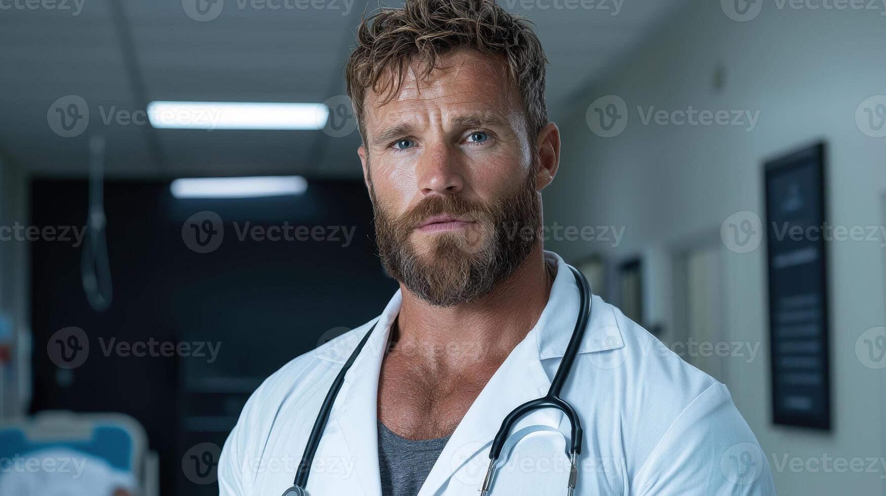 Portrait of a serious male doctor in a hospital hallway photo