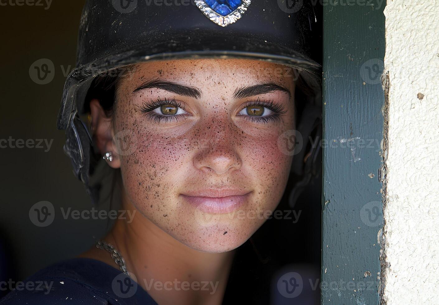 Close up portrait of a young woman with freckles and dirt on her face, wearing a baseball helmet photo