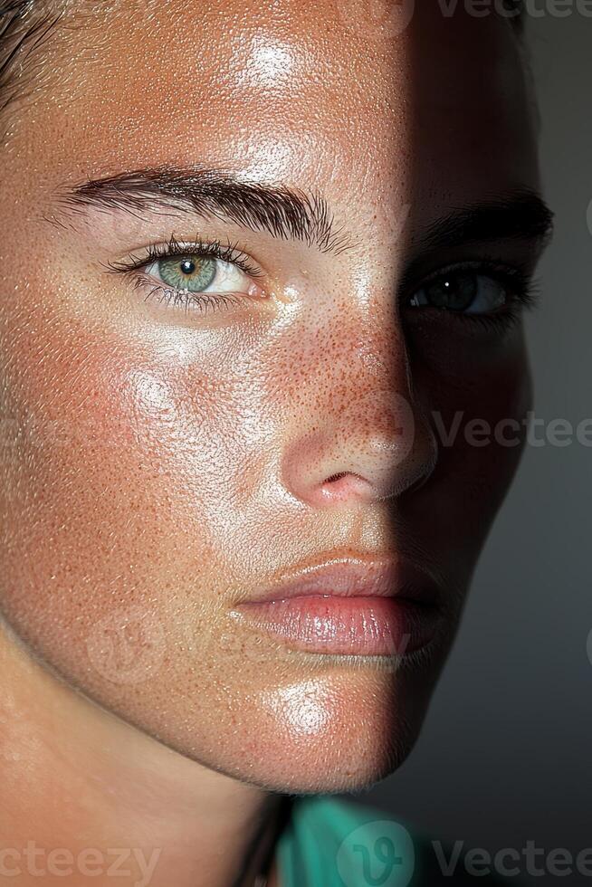 Close up portrait of a womans face with freckles and glowing skin photo
