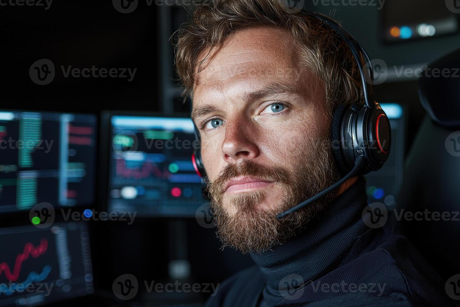 Focused trader working late at night, analyzing charts and data on multiple monitors photo