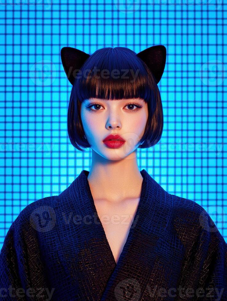 Woman with bob haircut and cat ears, wearing a dark kimono style jacket against a blue grid background photo